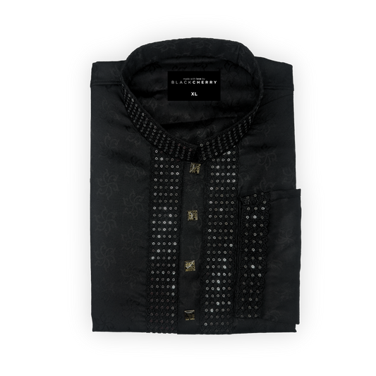 Rich Black All Over Printed Semi-Spread Collar Sequin